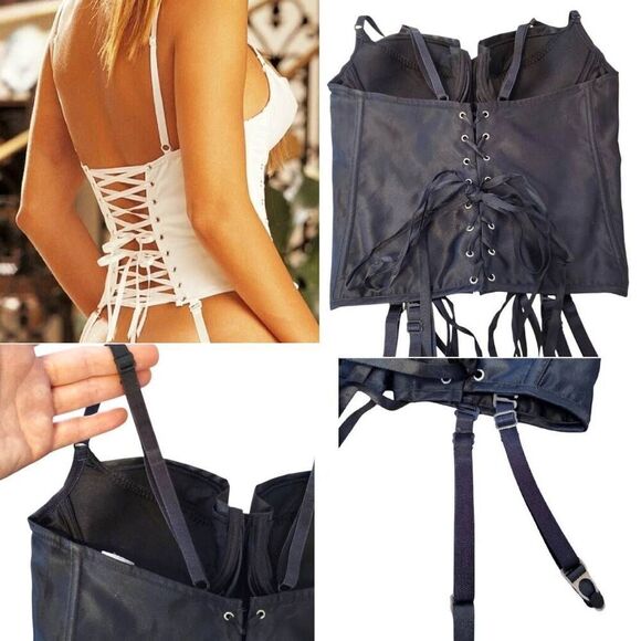 VTG Black Satin Shirley Of Hollywood Lace Up Corset with Garters 38B-D - Picture 9 of 15